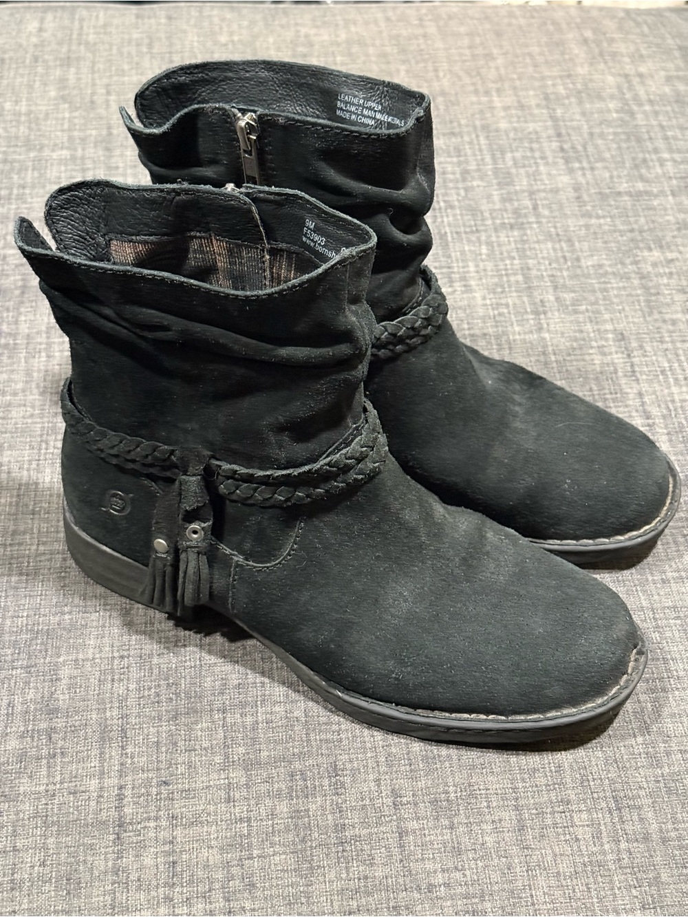 Born Black Ouvea Suede Ankle Boots with Braided Tassel Accent